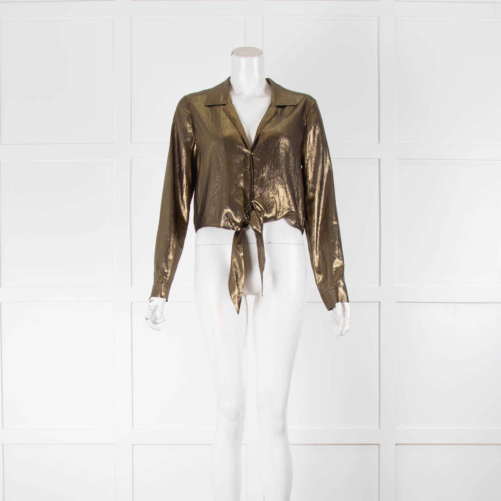 L'Agence popular Annie Blouse Top XS Tie Front Notch Collar Long Sleeve Gold Foil NWT