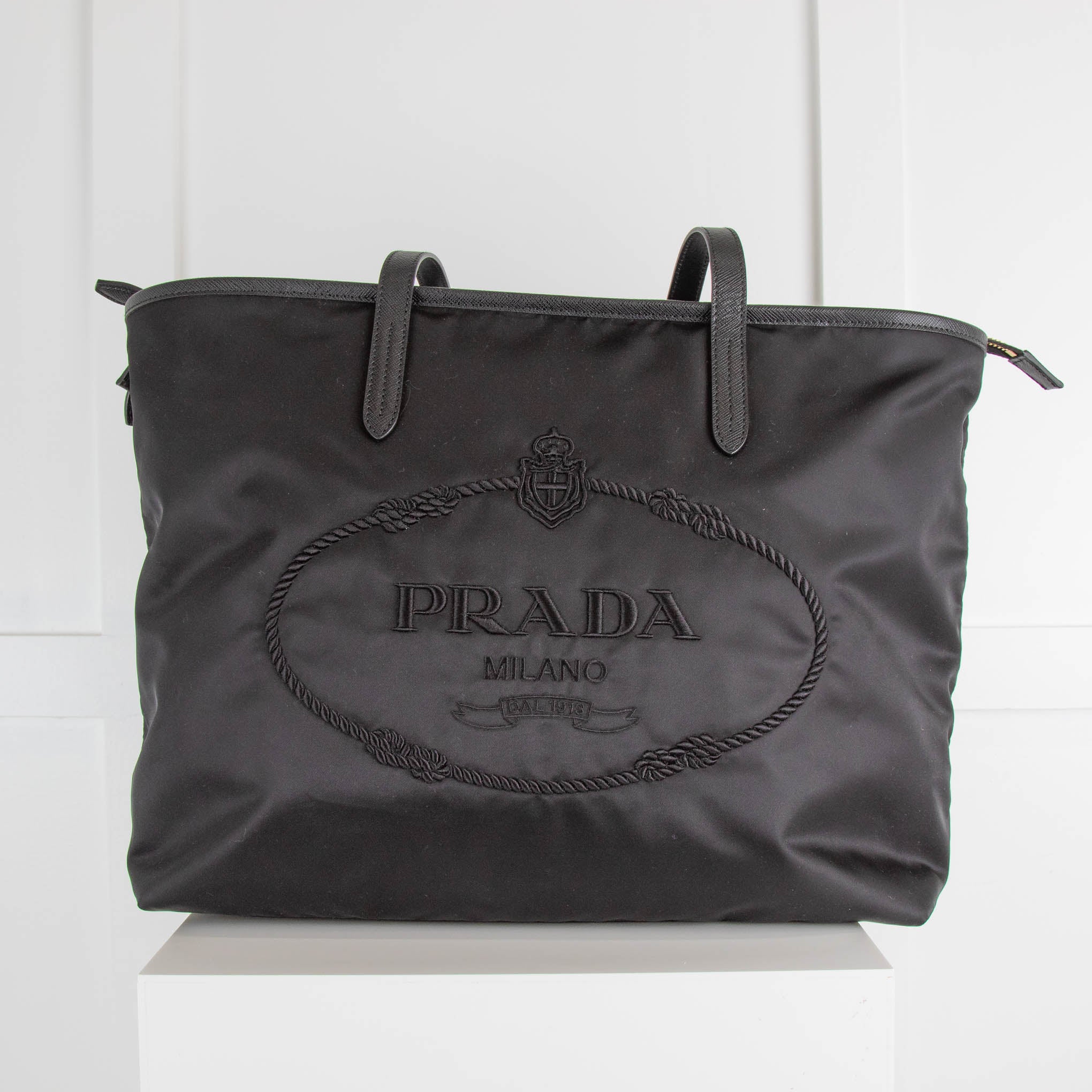 Prada Black Re Nylon and Saffiano Leather Logo Tote Bag