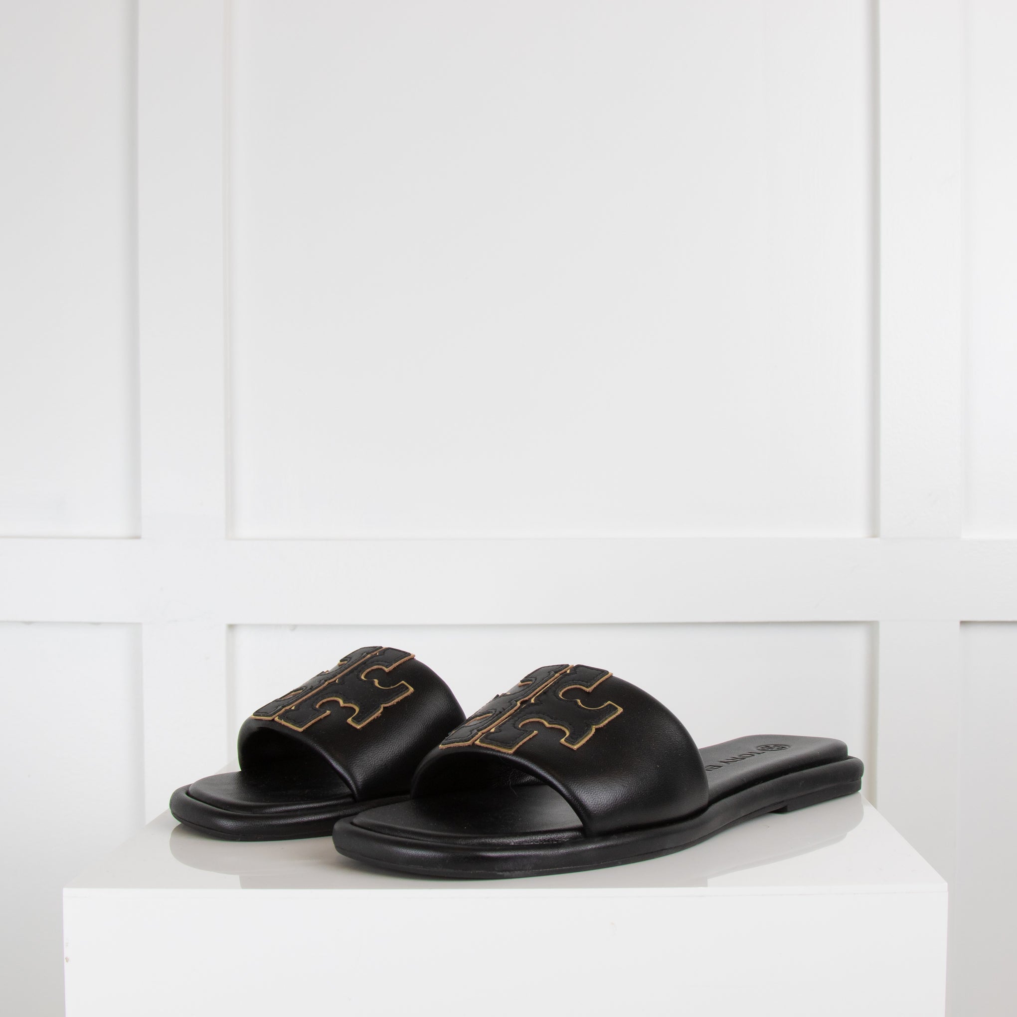 Tory Burch Black Double T Sports Slides with Gold Outline