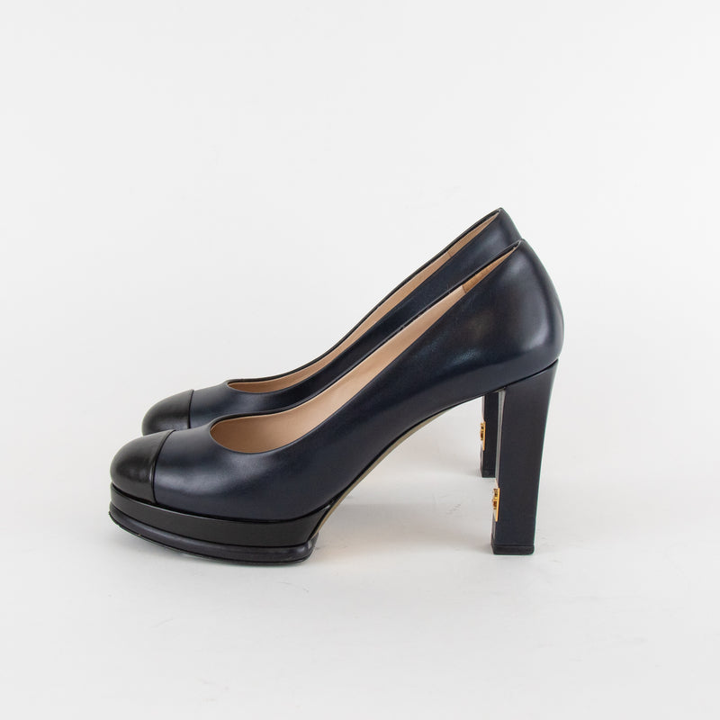 Chanel Navy Leather Platform Heels with Black Toe Cap