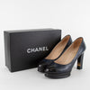 Chanel Navy Leather Platform Heels with Black Toe Cap