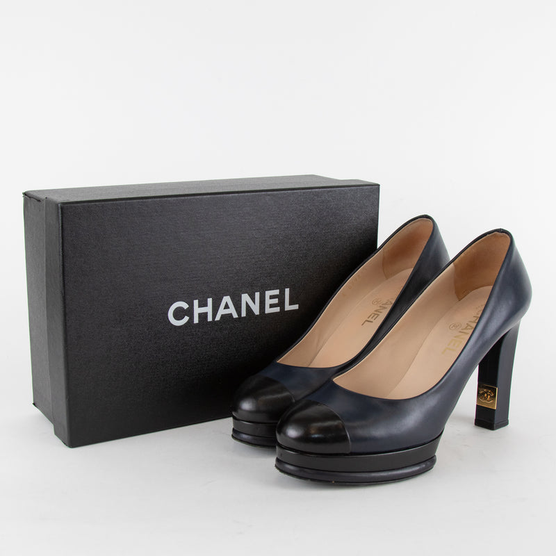 Chanel Navy Leather Platform Heels with Black Toe Cap