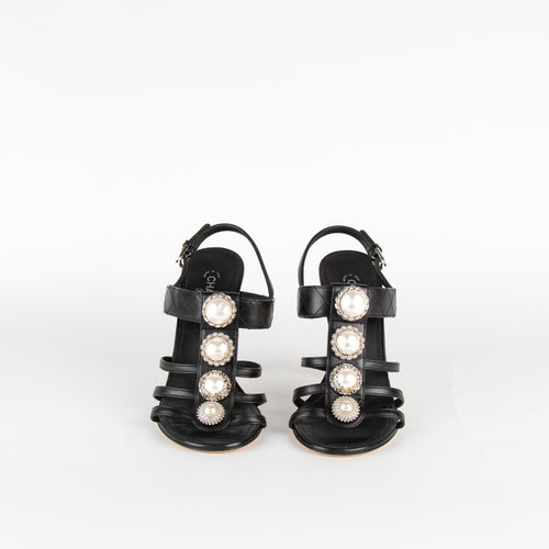 Chanel Black Faux Pearl Embellished Slingback Sandals