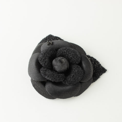 Chanel Black Fabric Tweed Blend Camelia Brooch