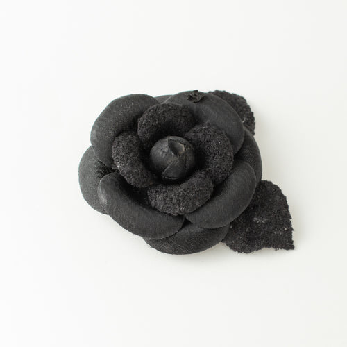 Chanel Black Fabric Camellia Pin Brooch