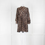 Roberto Cavalli Black Brown Animal Print Silk Long Sleeve Dress