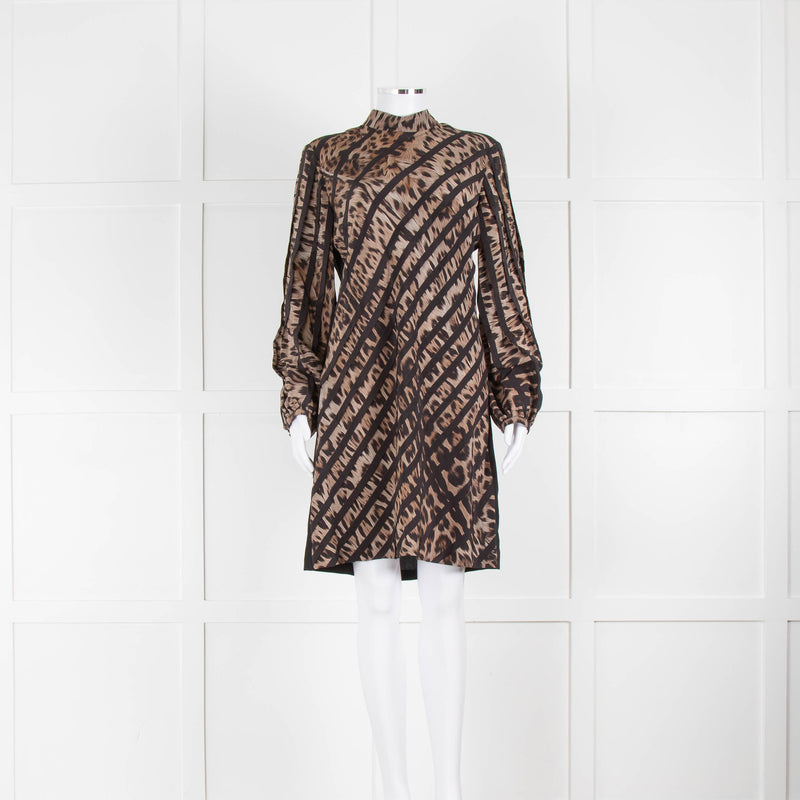 Roberto Cavalli Black Brown Animal Print Silk Long Sleeve Dress