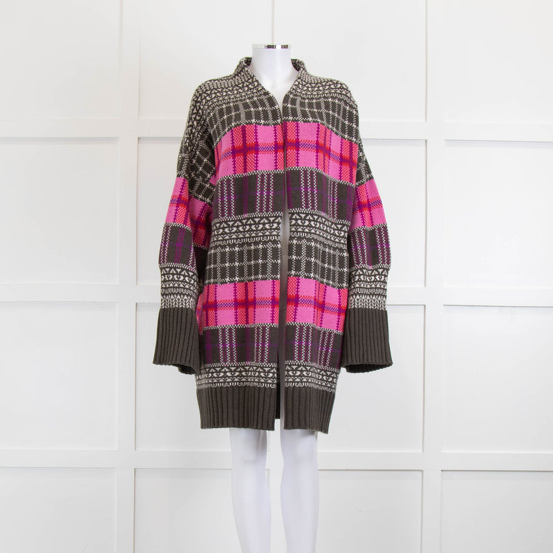 Lamberto Losani Grey Pink Patterned Cashmere Blend Cardi Coat