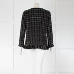 Chanel Black White Tweed Check Fringe Trim Jacket