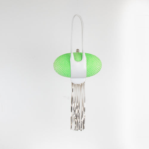 Rodo Neon Green Flower Detail Oval Silver Fringe Mini Bag
