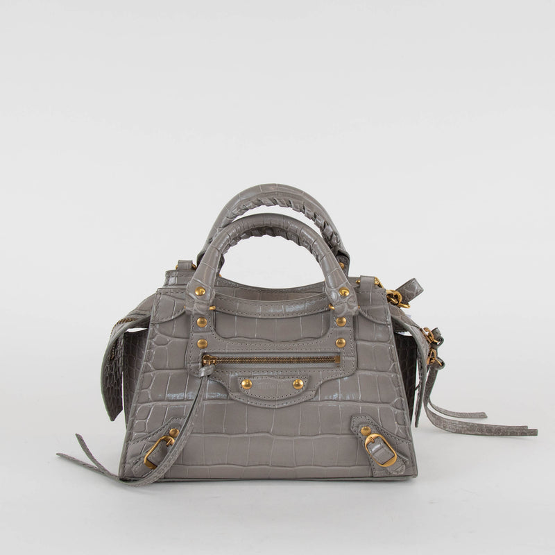 Balenciaga Grey Croc Embossed Mini Neo City Bag