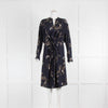 Vince Navy Dress With Floral Pattern And Gather Tie Waist