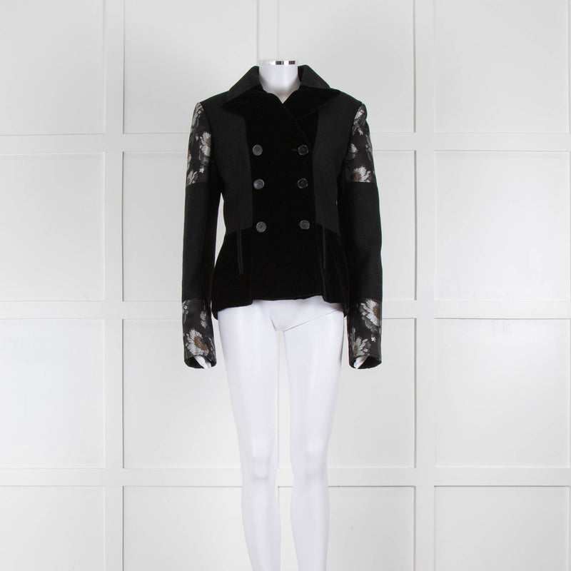 Alexander McQueen Black Wool And Velvet Double Breasted Jacket With Floral Arm Insert