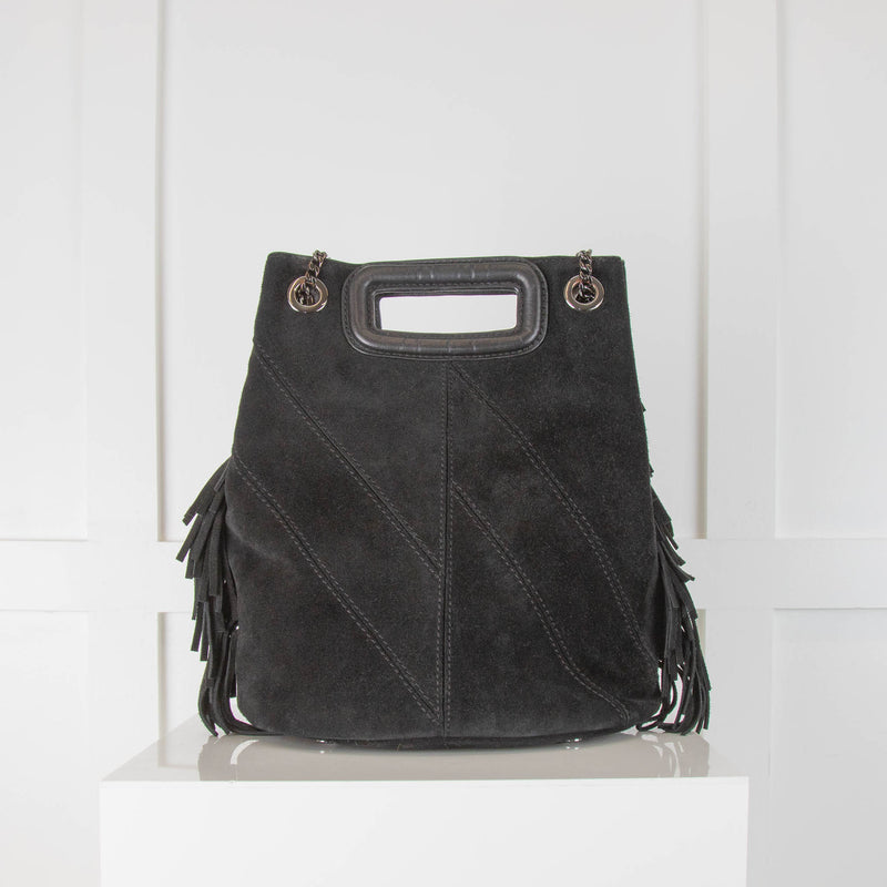 Maje Black Suede Fringe Trim M Shoulder Bag