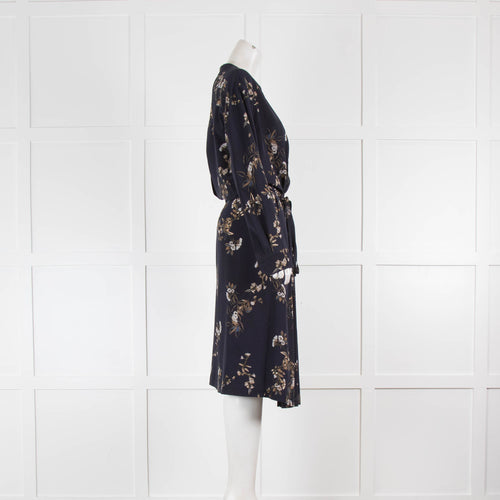 Vince Navy Dress With Floral Pattern And Gather Tie Waist