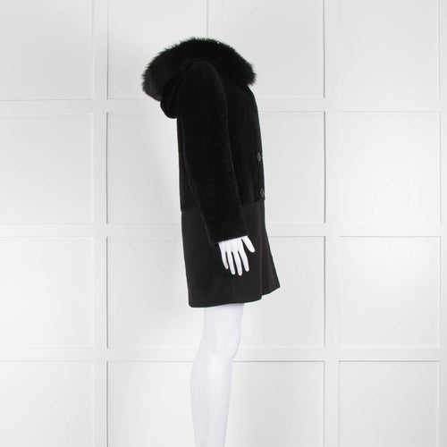 Max Mara Black Wool Alpaca Mix Coat with Fox Fur Trimmed Hood