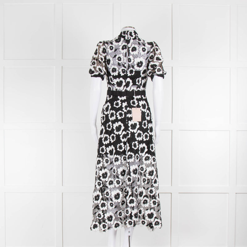 Self-Portrait Black and White Lace Short Sleeve Midi Dress