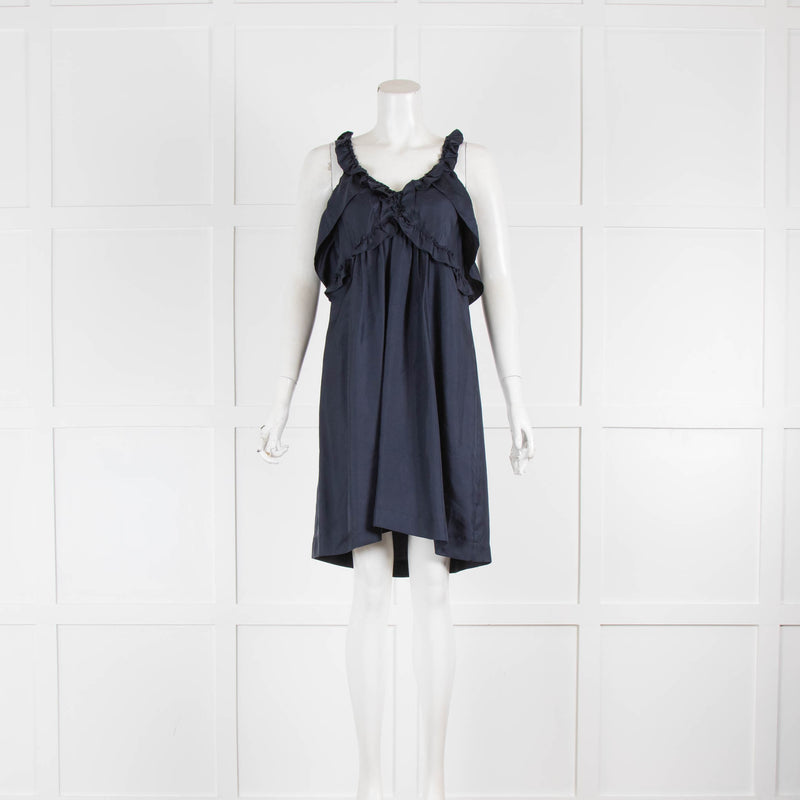 Sandro Navy Silk Sleeveless Ruffle Front Mini Dress