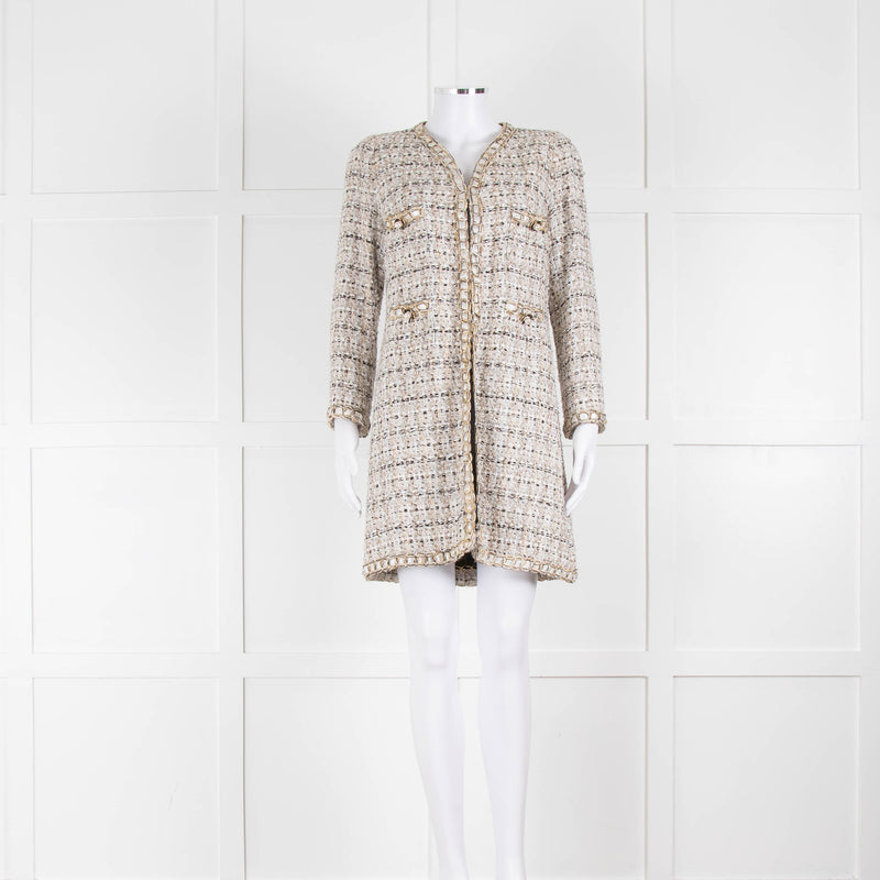 Edward Archour Paris Cream Boucle Dress Coat With Pearl Buttons