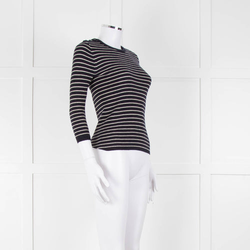 Tory Burch Navy Cream Stripe Wool Button Shoulder Jumper