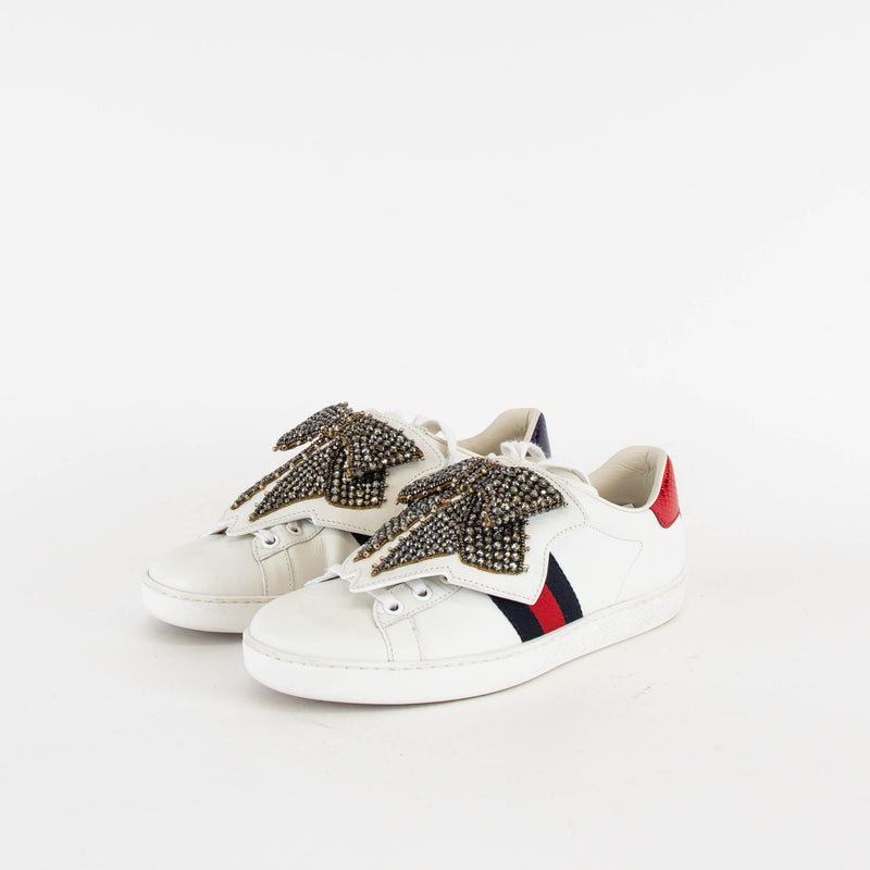 Gucci White Leather Detachable Silver Bow Ace Trainers