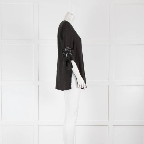 120% Lino Black Linen Sequin Sleeve Tunic Top
