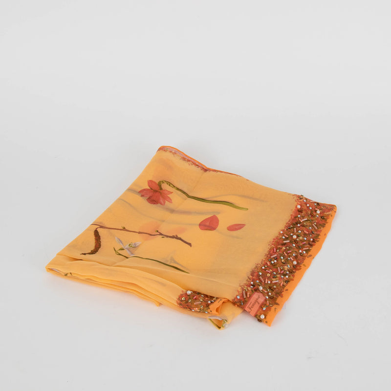 Salvatore Ferragamo Orange Floral Beaded Trim Silk Scarf