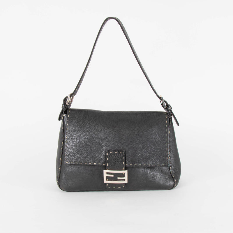 Fendi Black Grainy Leather Selleria Mama Baguette Bag