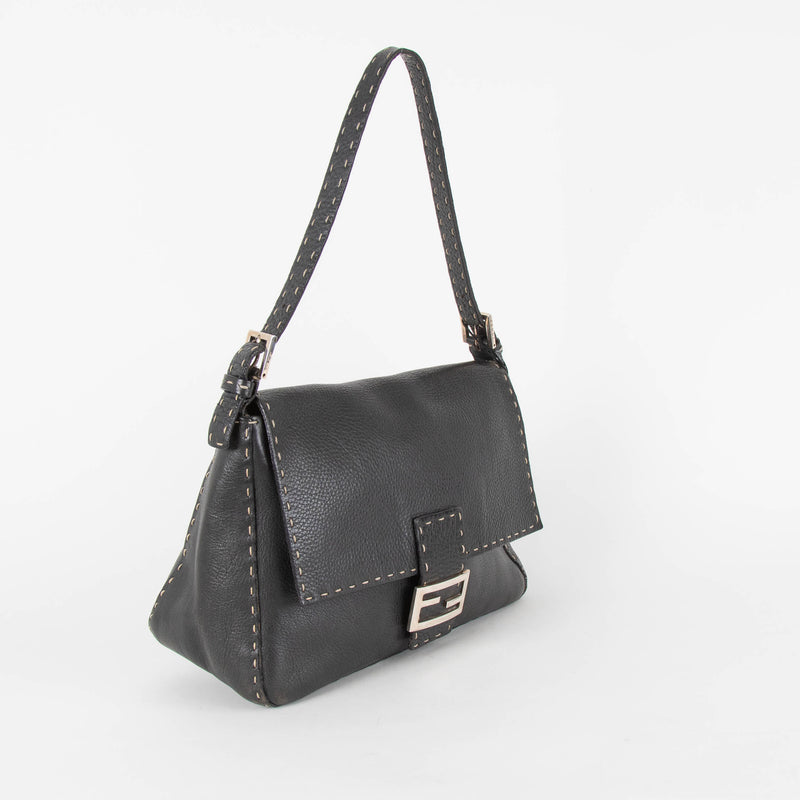 Fendi Black Grainy Leather Selleria Mama Baguette Bag