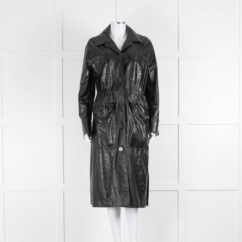 Nanushka Black Faux Croc Leather Hooded Coat