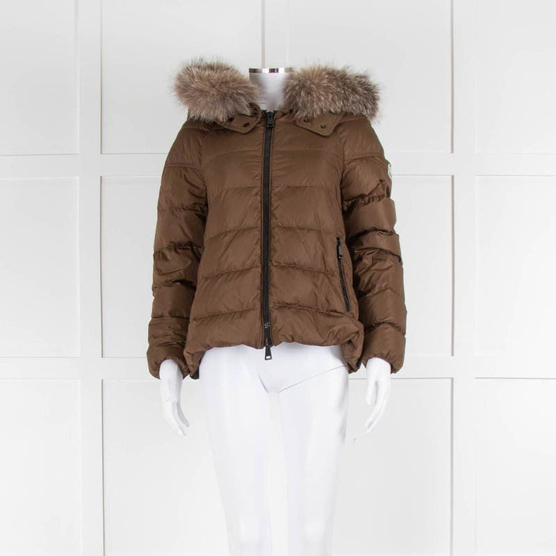 Moncler Khaki Puffer Jacket with Fur Collar