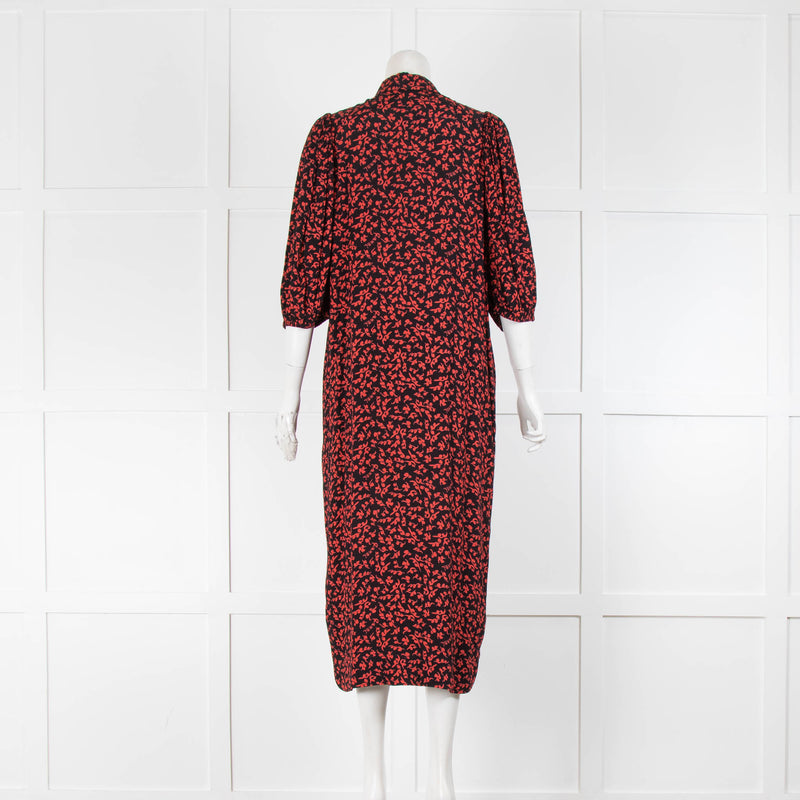 Ganni Black and Red Print Midi Dress