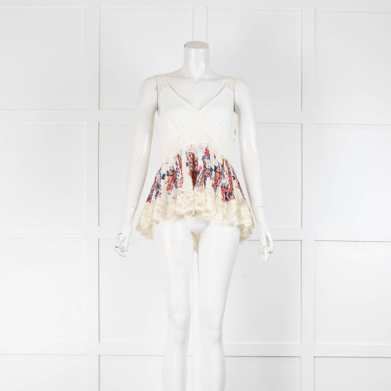 Paco Rabanne Cream Red Pleated Lace Vest Top