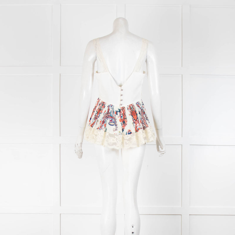 Paco Rabanne Cream Red Pleated Lace Vest Top