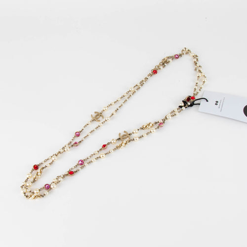 Chanel Gold White Red Stone Pearl Long Necklace