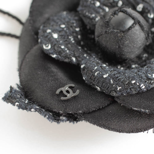 Chanel Black White Tweed Camelia Pin