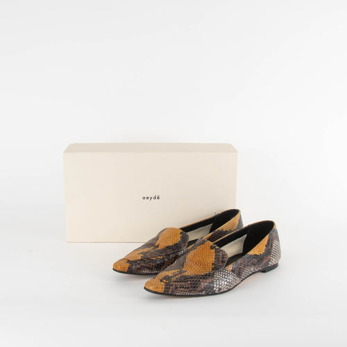 Aeyde Brown Mustard Embossed Snakeskin Flat Shoes