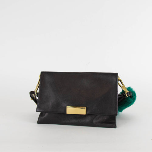 3.1 Philip Lim Black Leather Green Fur Detail Small Bag