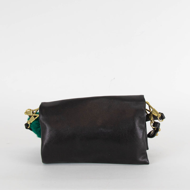 3.1 Philip Lim Black Leather Green Fur Detail Small Bag