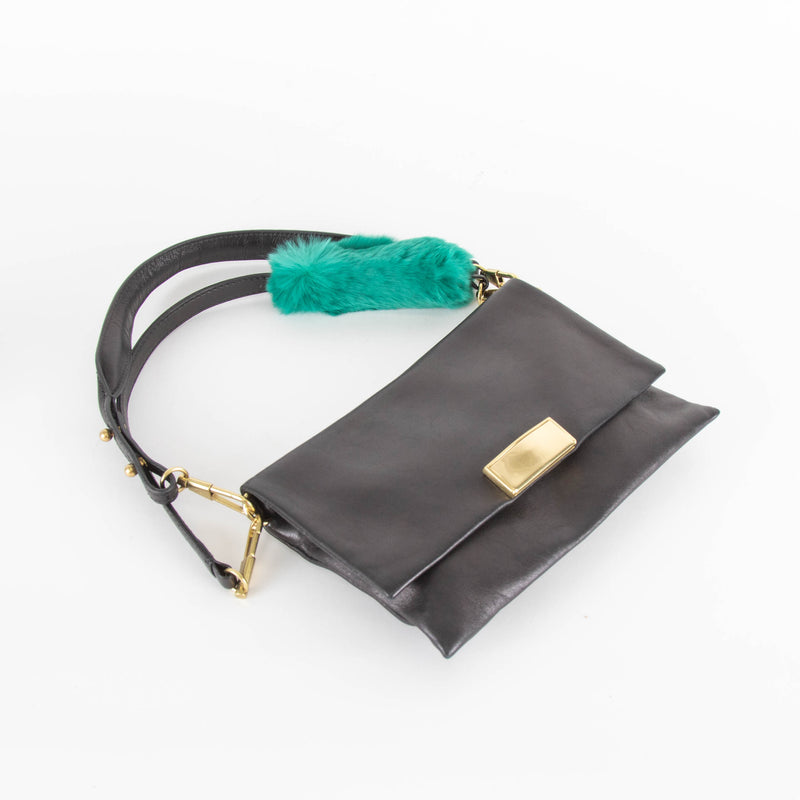 3.1 Philip Lim Black Leather Green Fur Detail Small Bag