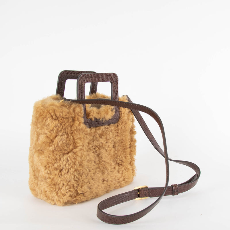 Staud Tan Shearling Brown Leather Trim Crossbody Shirley Bag