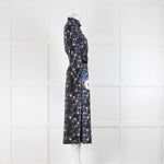 Sandro Black Blue Floral High Neck Cut Out Long Sleeve Midi Dress