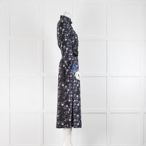 Sandro Black Blue Floral High Neck Cut Out Long Sleeve Midi Dress