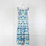 Borgo De Nor White Blue Floral Frill Trim Sleeveless Maxi Dress