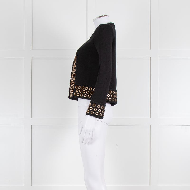 Maje Black Knit Cardigan With Gold Ring Detail