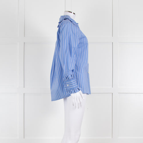 Maje Blue White Red Stripes Frill Detail Long Sleeve Cotton Shirt