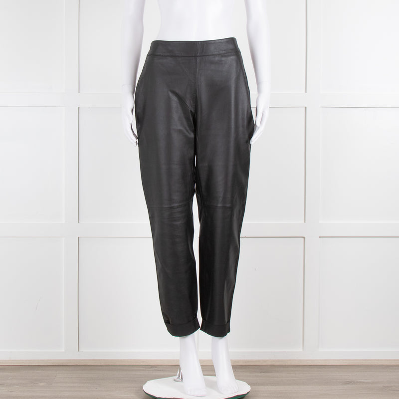 Escada Black Leather Flat Front Trousers