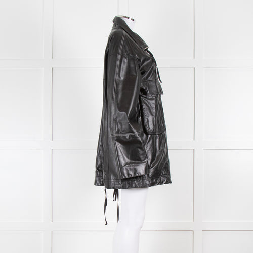 Helmut Lang Black Leather Coat with Patch Pockets and Contrast Topstitching