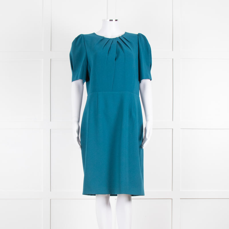 Elie Tahari Teal Ruched Neck Shift Dress with Gathered Sleeves