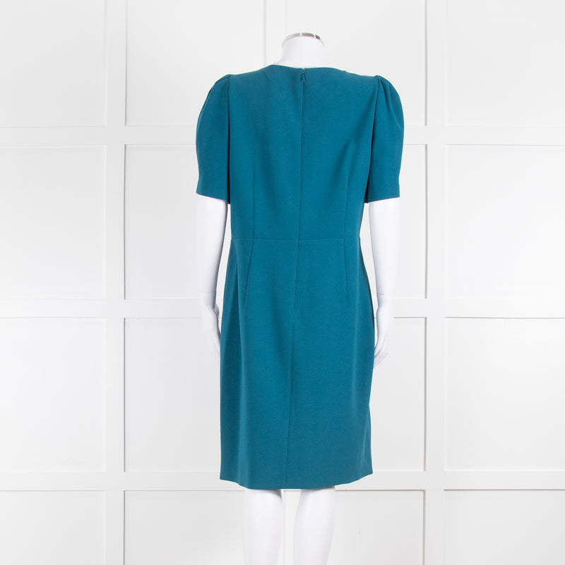 Elie Tahari Teal Ruched Neck Shift Dress with Gathered Sleeves